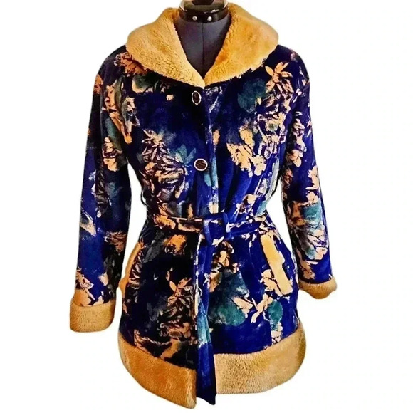 Blue Velvet Fleece Winter Coat floral Belted tie soft warm Holiday Christmas - Picture 1 of 10